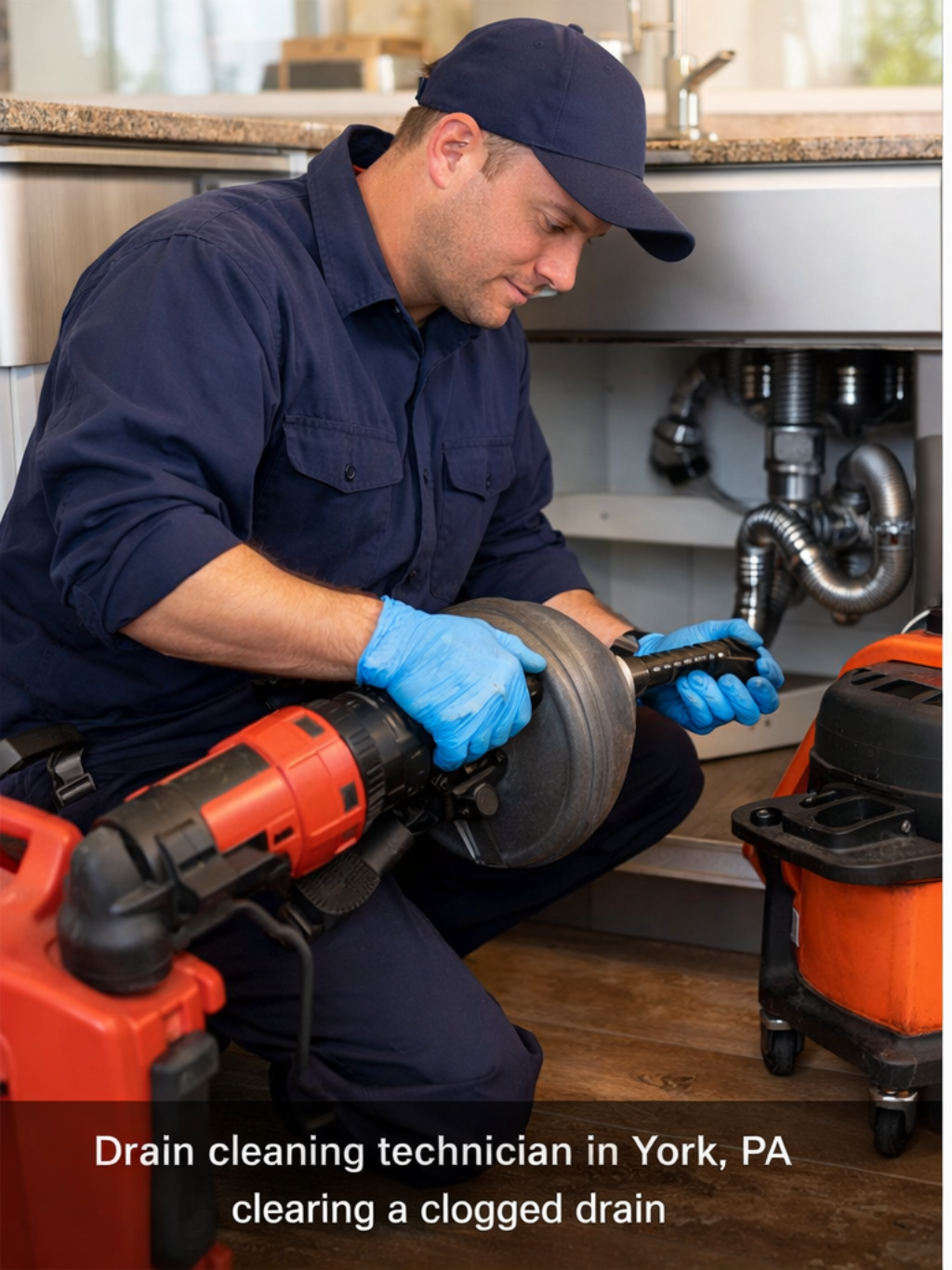 Drain cleaning technician in York PA clearing a clogged drain